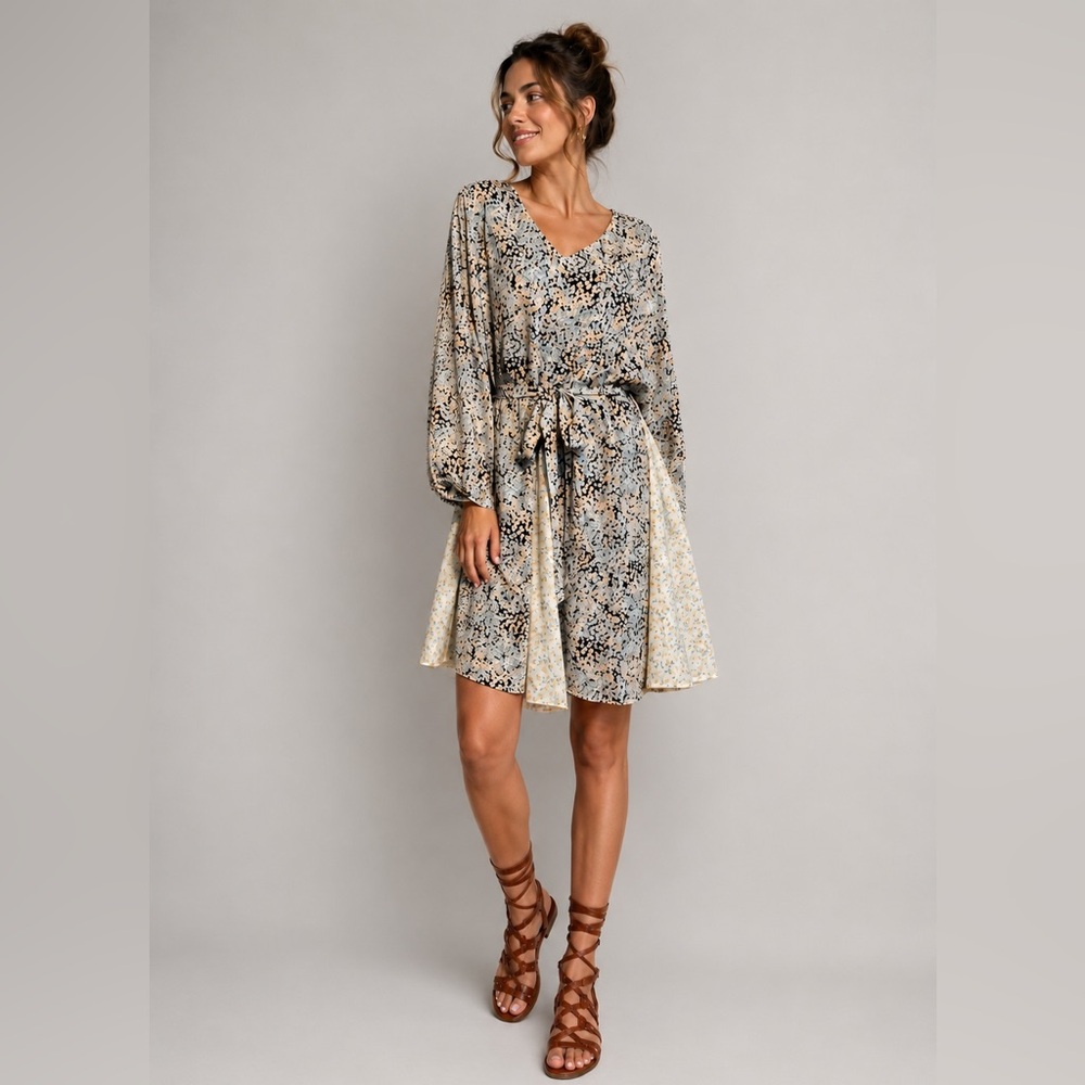 DAVI & DANI Long Sleeve Patterned Dress - Black, Cream, Tan size medium
